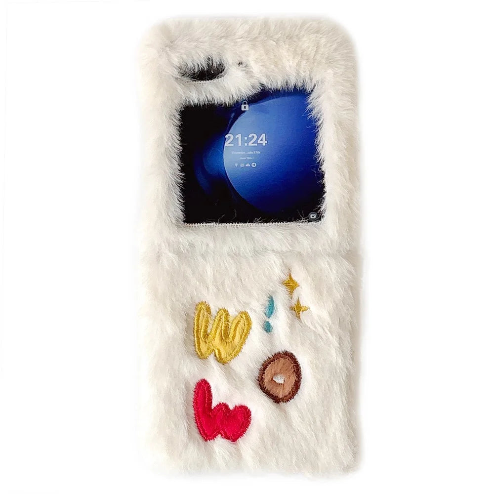 KJS-018 For Samsung Galaxy Z Flip7 FE 5G / Z Flip6 5G Case Embroidered WOW Soft Plush Hard PC Phone Cover - White - 1