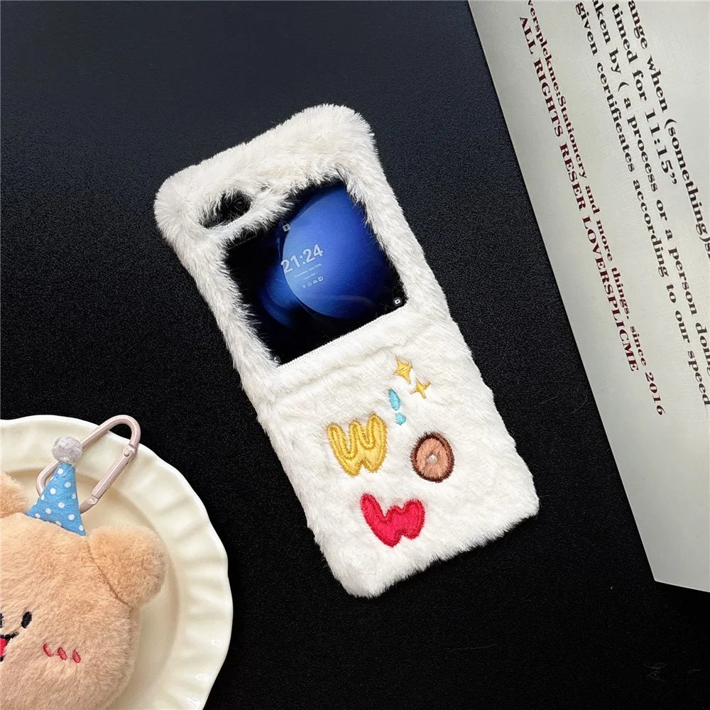 KJS-018 For Samsung Galaxy Z Flip7 FE 5G / Z Flip6 5G Case Embroidered WOW Soft Plush Hard PC Phone Cover - White - 7