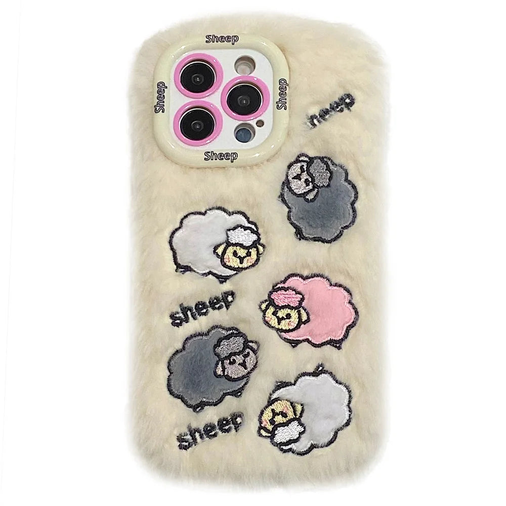 KJS-007 For iPhone 15 Pro Max Case Embroidered Sheeps Lens Kickstand TPU Plush Furry Phone Cover - White - 1
