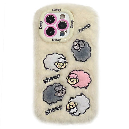 KJS-007 For iPhone 15 Pro Max Case Embroidered Sheeps Lens Kickstand TPU Plush Furry Phone Cover - White - 1