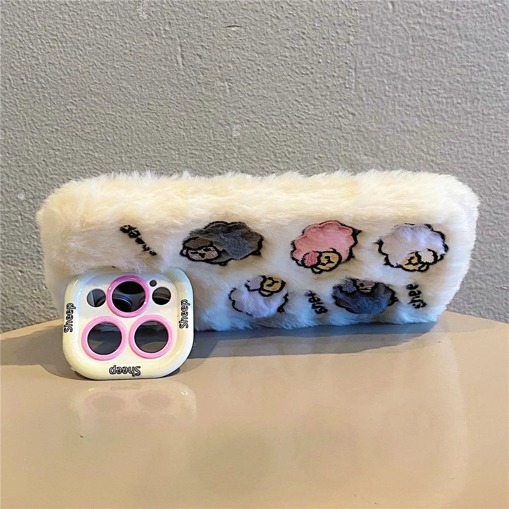 KJS-007 For iPhone 15 Pro Max Case Embroidered Sheeps Lens Kickstand TPU Plush Furry Phone Cover - White - 2