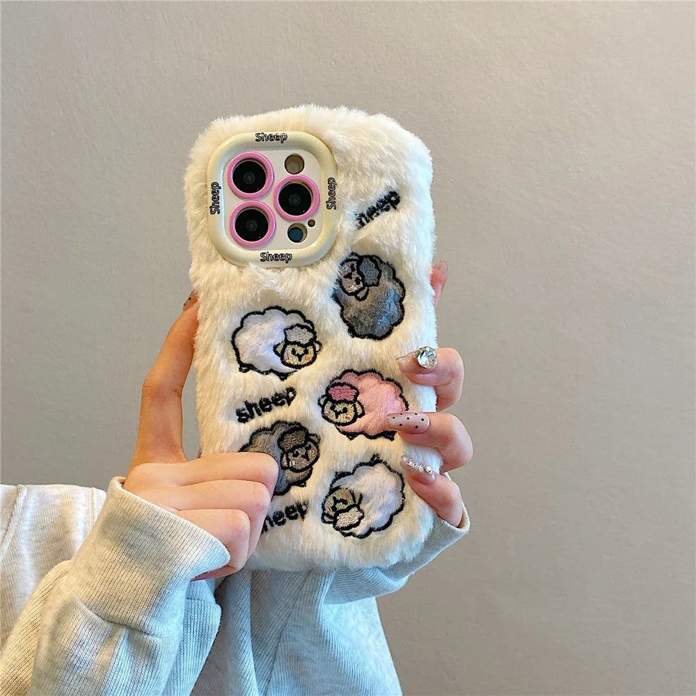 KJS-007 For iPhone 15 Pro Max Case Embroidered Sheeps Lens Kickstand TPU Plush Furry Phone Cover - White - 3