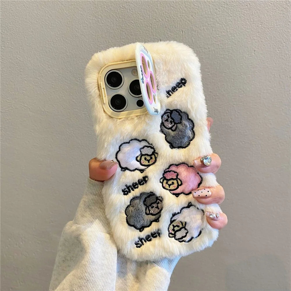 KJS-007 For iPhone 15 Pro Max Case Embroidered Sheeps Lens Kickstand TPU Plush Furry Phone Cover - White - 4