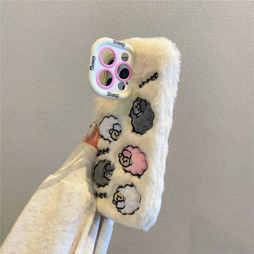 KJS-007 For iPhone 15 Pro Max Case Embroidered Sheeps Lens Kickstand TPU Plush Furry Phone Cover - White - 5