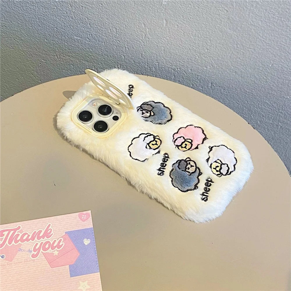 KJS-007 For iPhone 15 Pro Max Case Embroidered Sheeps Lens Kickstand TPU Plush Furry Phone Cover - White - 6
