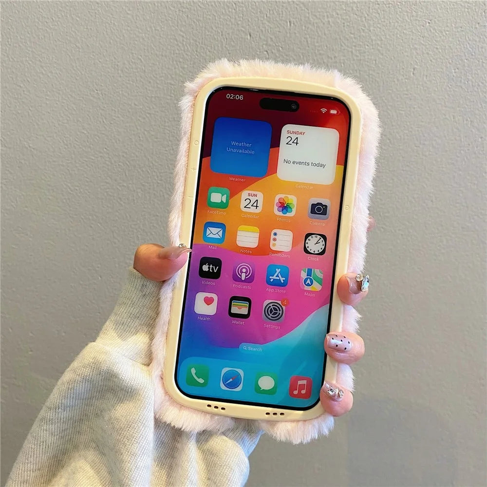 KJS-007 For iPhone 15 Pro Max Case Embroidered Sheeps Lens Kickstand TPU Plush Furry Phone Cover - White - 7