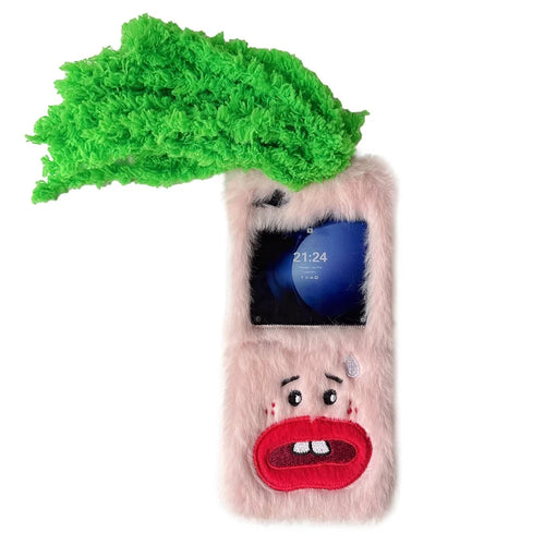 KJS-022 For Samsung Galaxy Z Flip7 FE 5G / Z Flip6 5G Case Bucktooth Green Hair Lens Kickstand Hard PC Warm Plush Phone Cover - Pink - 1