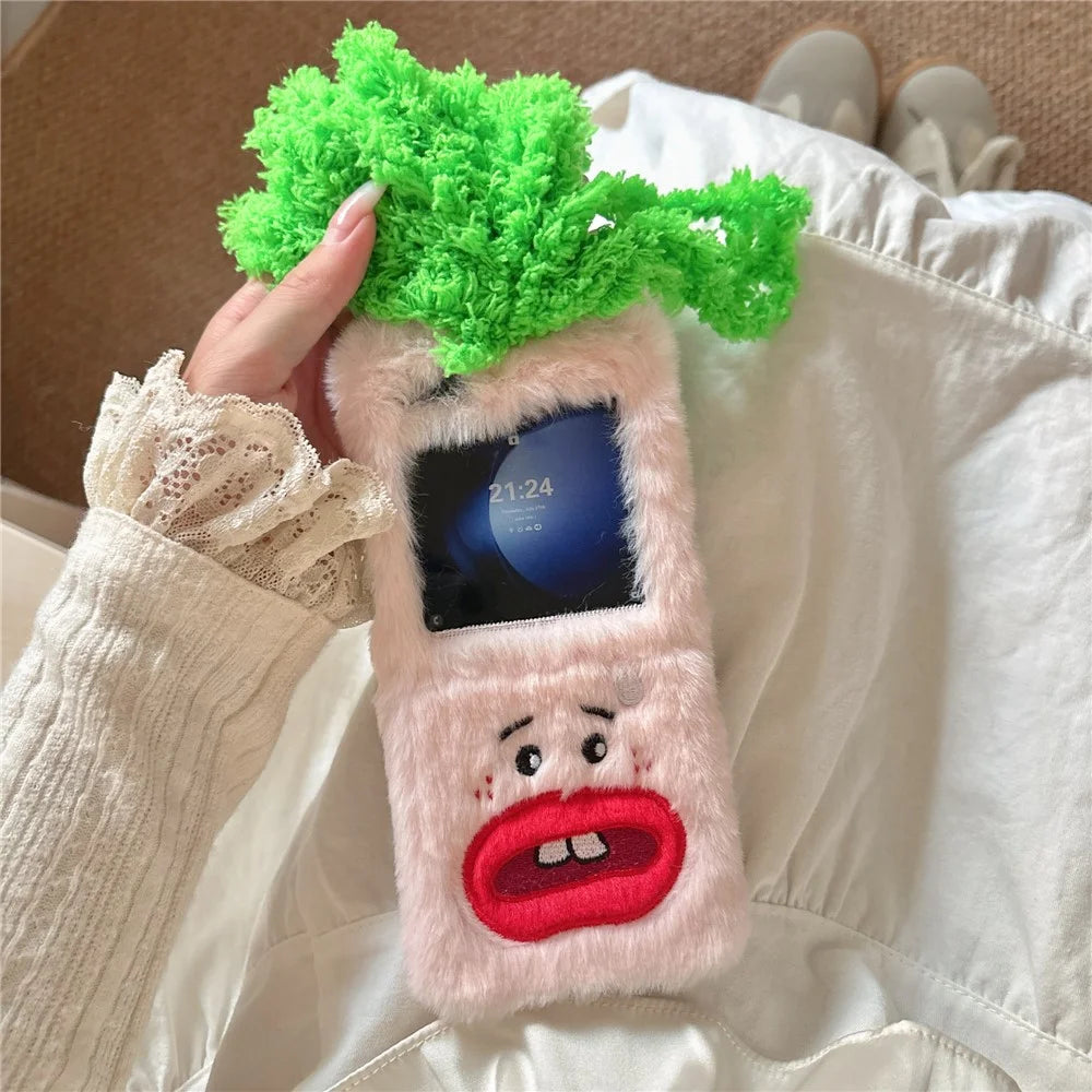 KJS-022 For Samsung Galaxy Z Flip7 FE 5G / Z Flip6 5G Case Bucktooth Green Hair Lens Kickstand Hard PC Warm Plush Phone Cover - Pink - 2