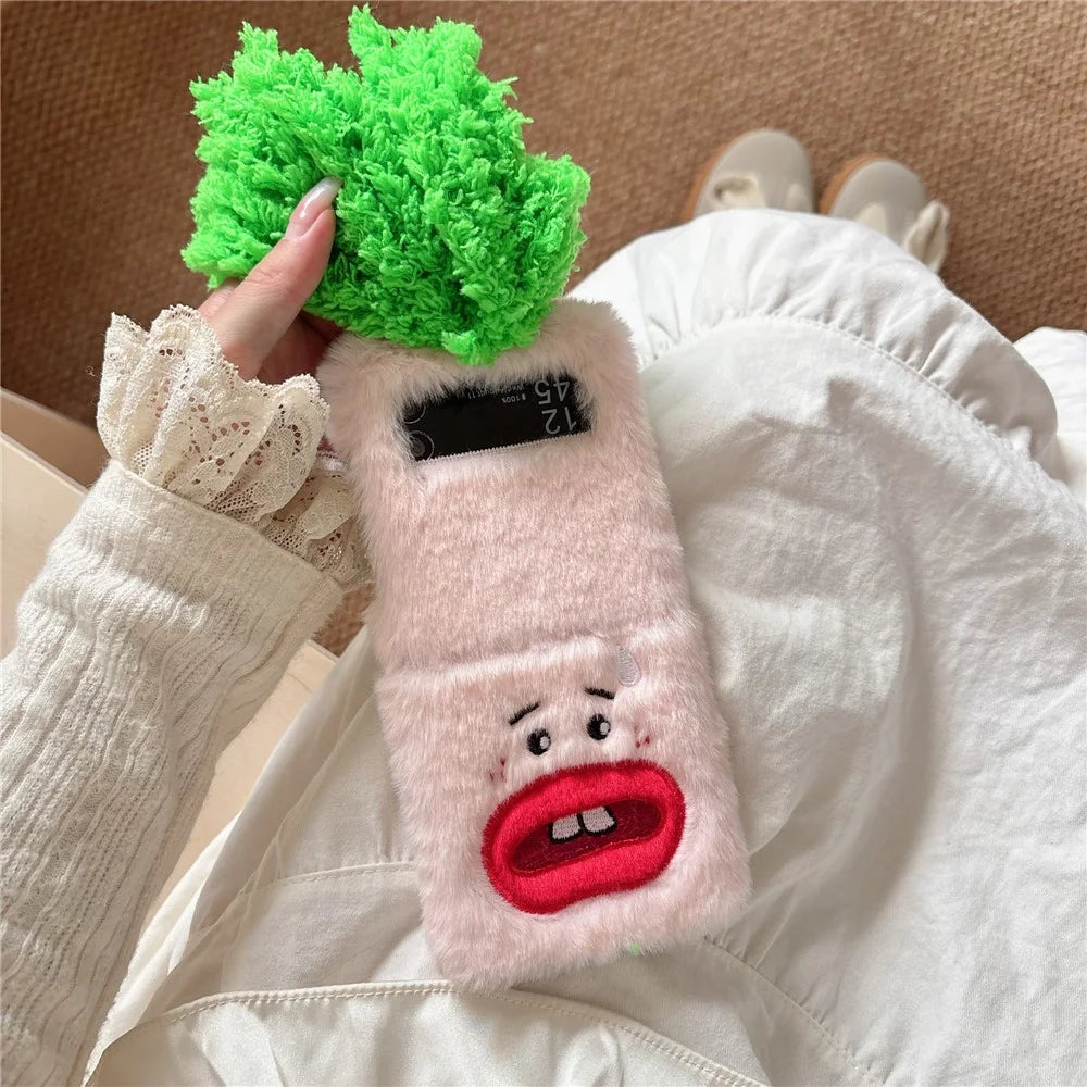 KJS-022 For Samsung Galaxy Z Flip7 FE 5G / Z Flip6 5G Case Bucktooth Green Hair Lens Kickstand Hard PC Warm Plush Phone Cover - Pink - 3