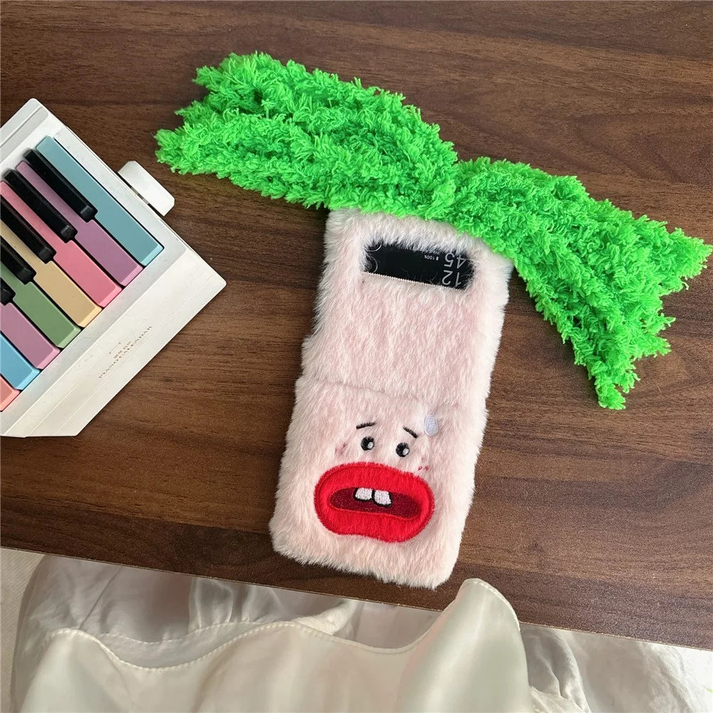KJS-022 For Samsung Galaxy Z Flip7 FE 5G / Z Flip6 5G Case Bucktooth Green Hair Lens Kickstand Hard PC Warm Plush Phone Cover - Pink - 6