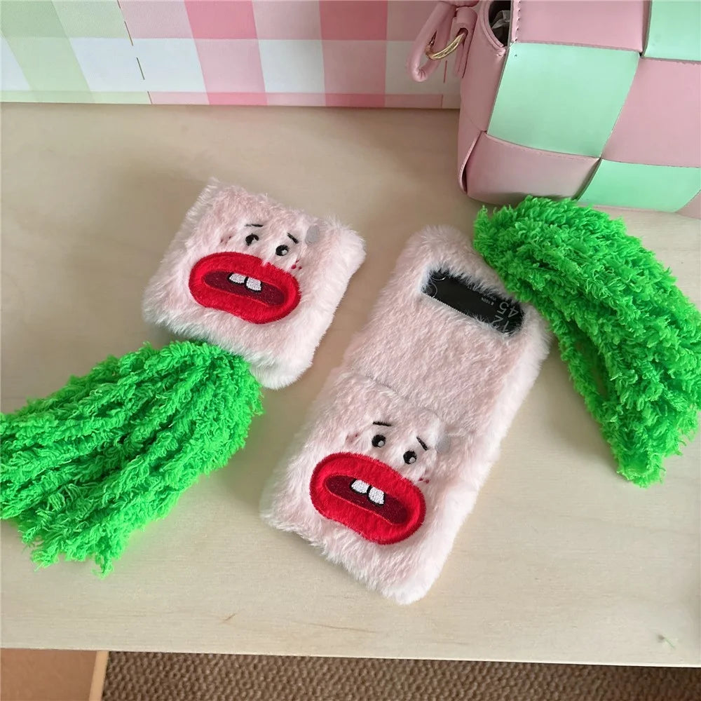 KJS-022 For Samsung Galaxy Z Flip7 FE 5G / Z Flip6 5G Case Bucktooth Green Hair Lens Kickstand Hard PC Warm Plush Phone Cover - Pink - 7