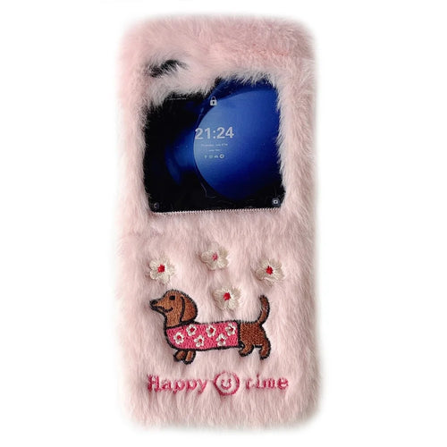 KJS-029 For Samsung Galaxy Z Flip7 FE 5G / Z Flip6 5G Case Embroidered Dachshund Hard PC Plush Furry Phone Cover - Pink - 1