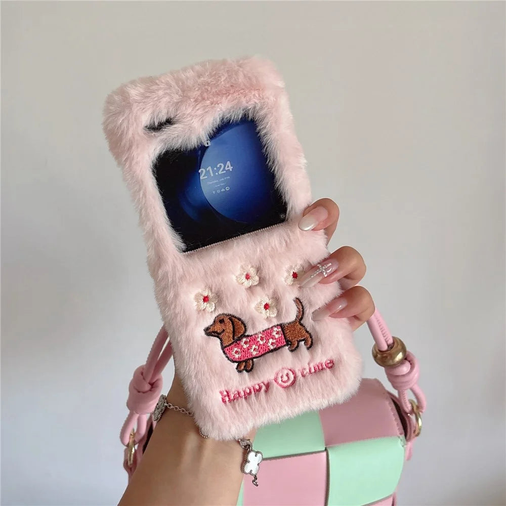 KJS-029 For Samsung Galaxy Z Flip7 FE 5G / Z Flip6 5G Case Embroidered Dachshund Hard PC Plush Furry Phone Cover - Pink - 3
