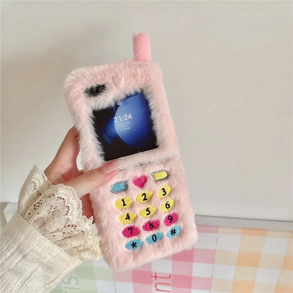KJS-004 For Samsung Galaxy Z Flip7 FE 5G / Z Flip6 5G Case Retro Phone Style Embroidered Dial Keys Hard PC Warm Plush Phone Cover - Pink - 2
