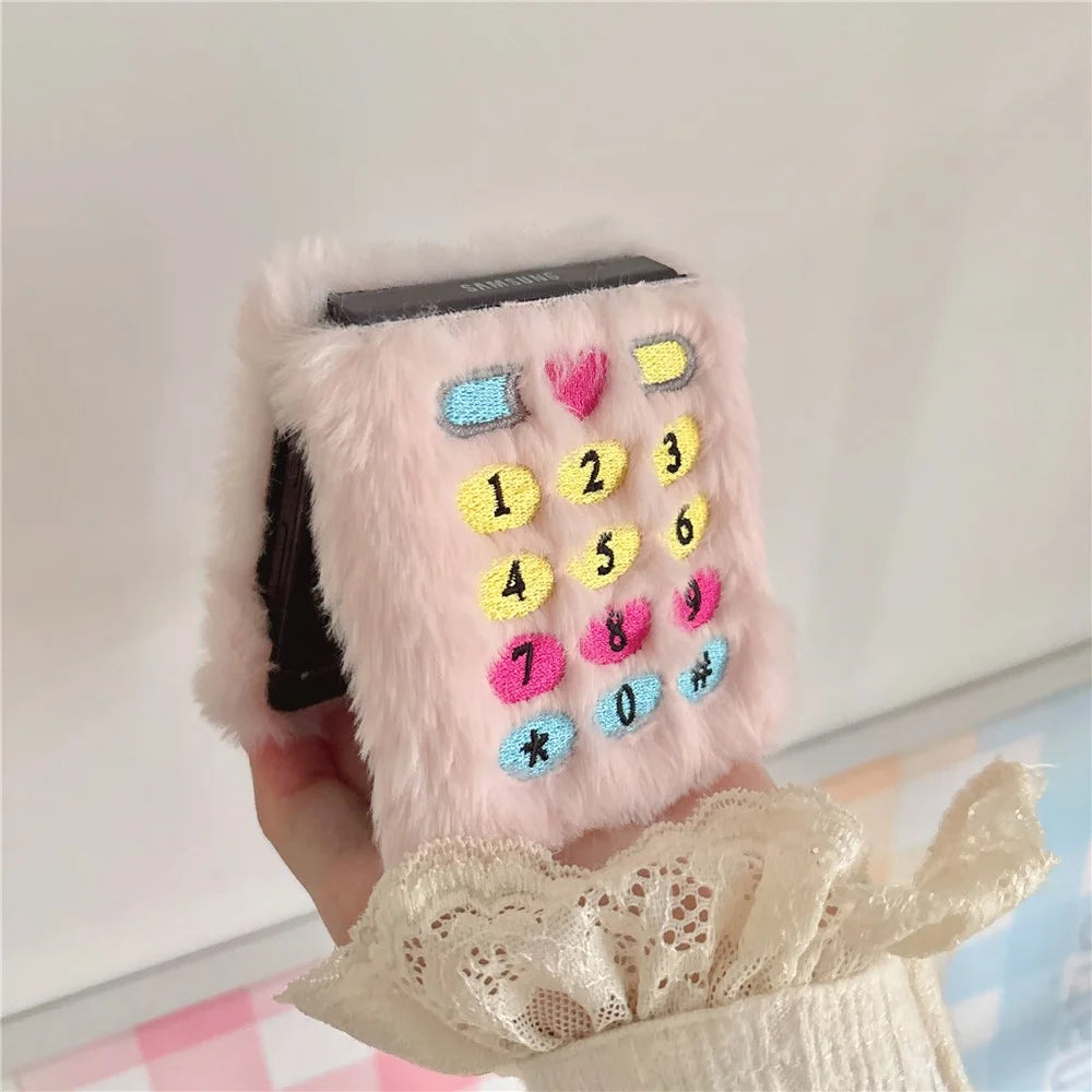 KJS-004 For Samsung Galaxy Z Flip7 FE 5G / Z Flip6 5G Case Retro Phone Style Embroidered Dial Keys Hard PC Warm Plush Phone Cover - Pink - 4