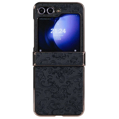 For Samsung Galaxy Z Flip7 FE 5G / Z Flip6 5G Case Hinge Protection Loong Textured Leather+PC Electroplating Phone Cover - Black - 1
