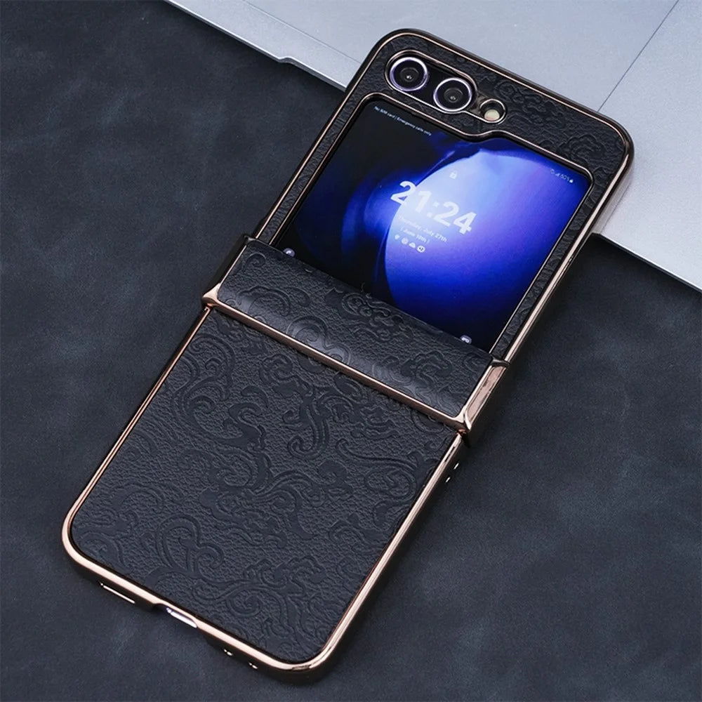 For Samsung Galaxy Z Flip7 FE 5G / Z Flip6 5G Case Hinge Protection Loong Textured Leather+PC Electroplating Phone Cover - Black - 2