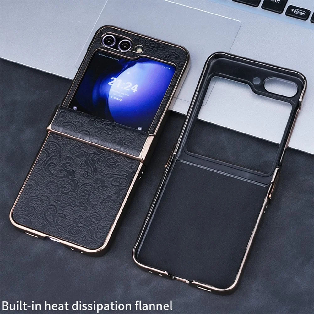 For Samsung Galaxy Z Flip7 FE 5G / Z Flip6 5G Case Hinge Protection Loong Textured Leather+PC Electroplating Phone Cover - Black - 3