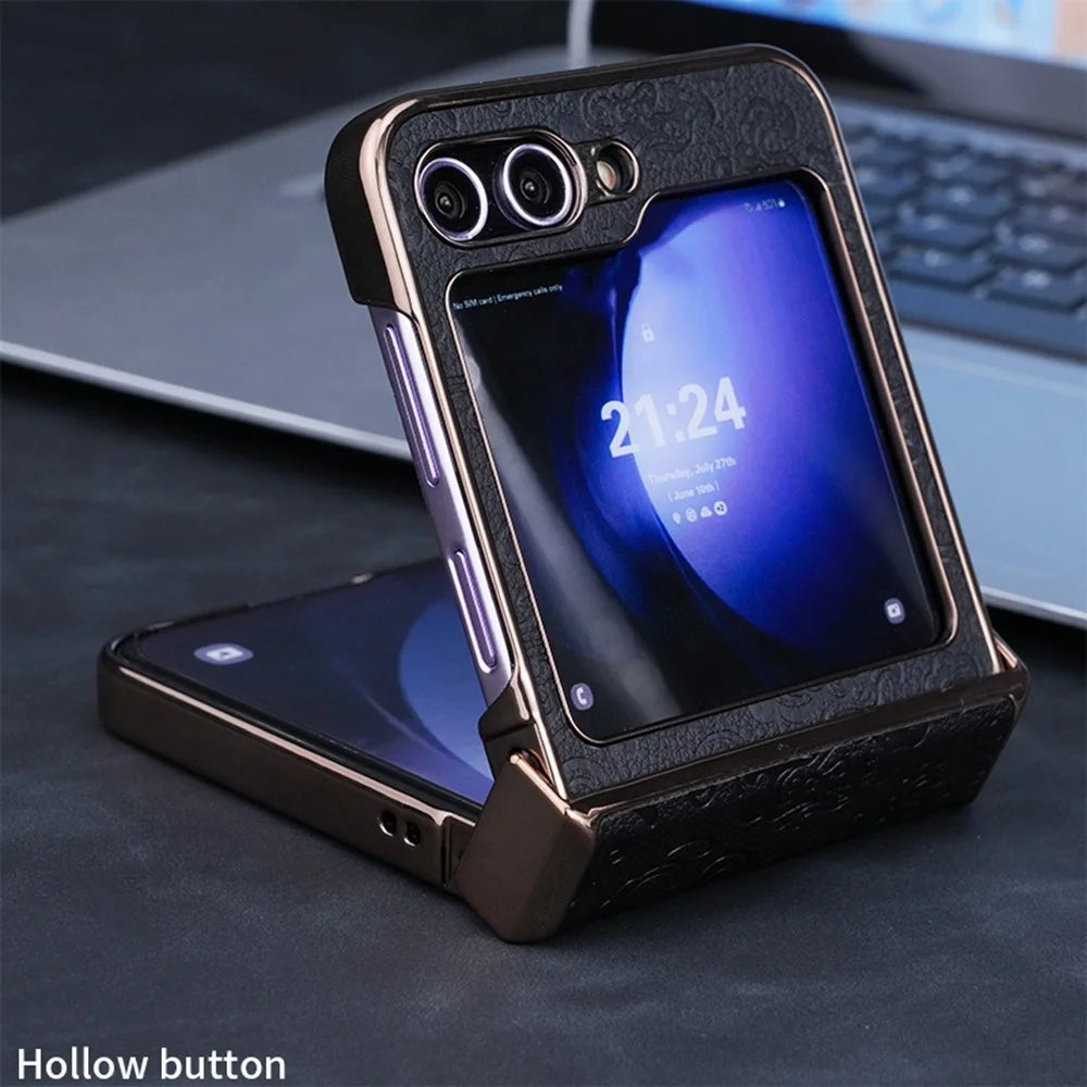 For Samsung Galaxy Z Flip7 FE 5G / Z Flip6 5G Case Hinge Protection Loong Textured Leather+PC Electroplating Phone Cover - Black - 4
