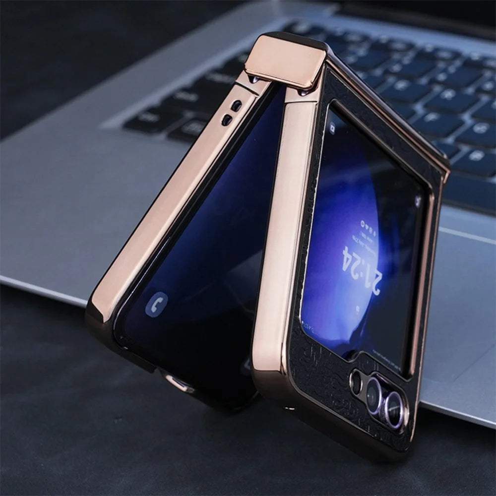 For Samsung Galaxy Z Flip7 FE 5G / Z Flip6 5G Case Hinge Protection Loong Textured Leather+PC Electroplating Phone Cover - Black - 5