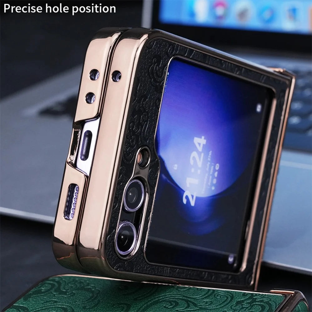 For Samsung Galaxy Z Flip7 FE 5G / Z Flip6 5G Case Hinge Protection Loong Textured Leather+PC Electroplating Phone Cover - Black - 6