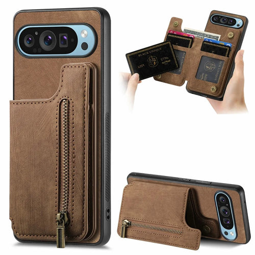 For Google Pixel 9 Pro XL Case with Card Holder Retro Leather+TPU Zipper Phone Cover - Brown - 1