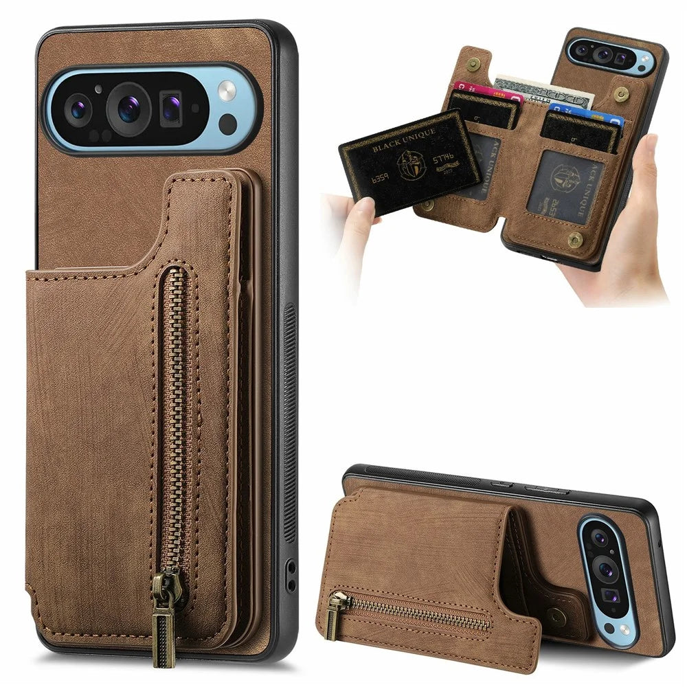 For Google Pixel 9 Pro XL Case with Card Holder Retro Leather+TPU Zipper Phone Cover - Brown - 1