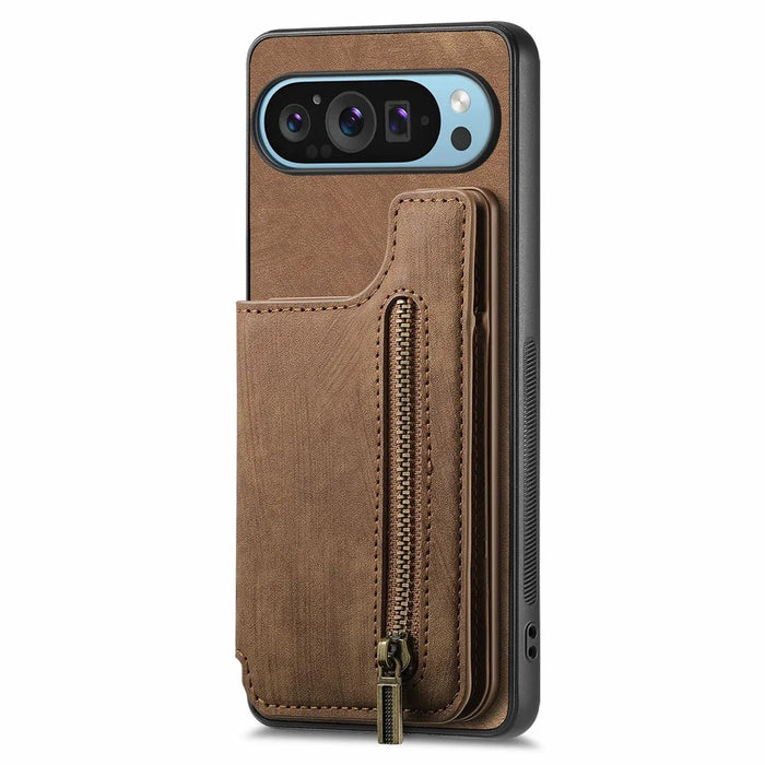 For Google Pixel 9 Pro XL Case with Card Holder Retro Leather+TPU Zipper Phone Cover - Brown - 2