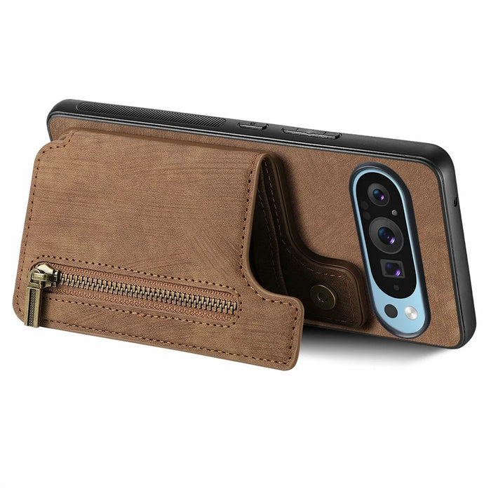 For Google Pixel 9 Pro XL Case with Card Holder Retro Leather+TPU Zipper Phone Cover - Brown - 3