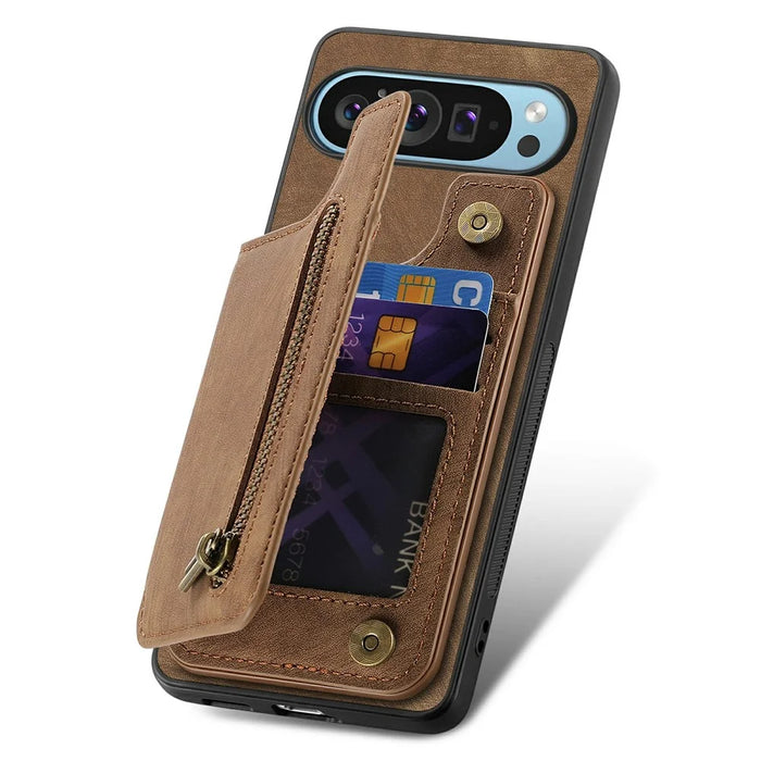 For Google Pixel 9 Pro XL Case with Card Holder Retro Leather+TPU Zipper Phone Cover - Brown - 4