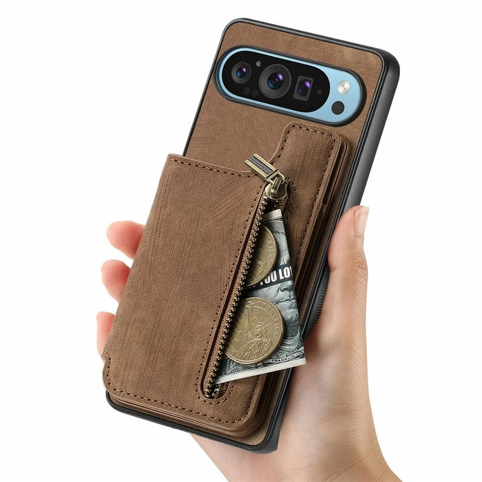 For Google Pixel 9 Pro XL Case with Card Holder Retro Leather+TPU Zipper Phone Cover - Brown - 6