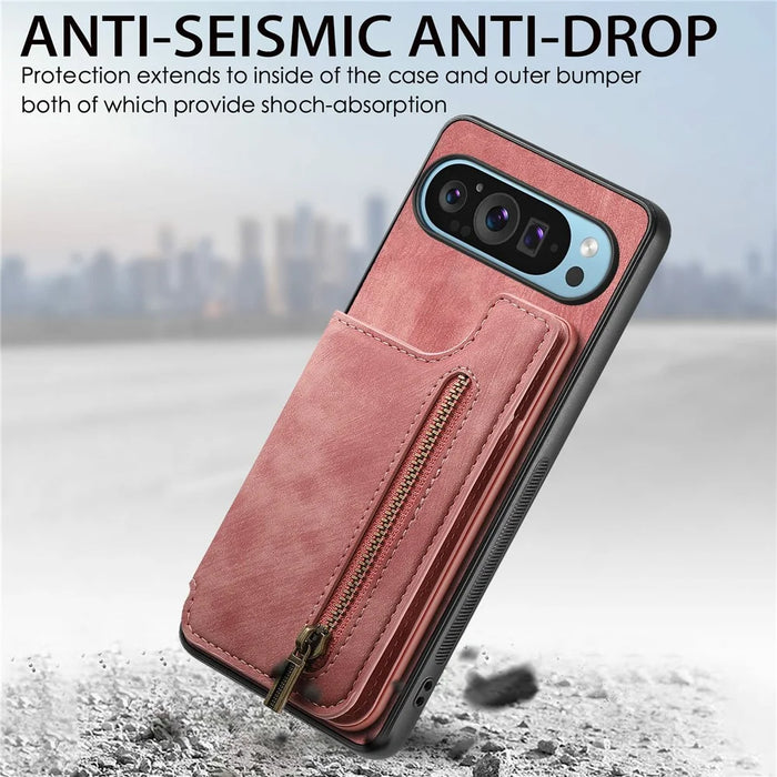 For Google Pixel 9 Pro XL Case with Card Holder Retro Leather+TPU Zipper Phone Cover - Brown - 7