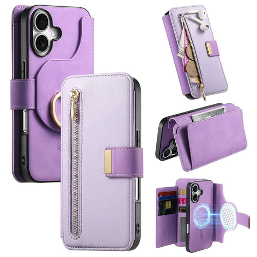 For iPhone 16 Plus Magnetic Leather Case with Detachable RFID Blocking Zipper Wallet Cover - Purple - 1