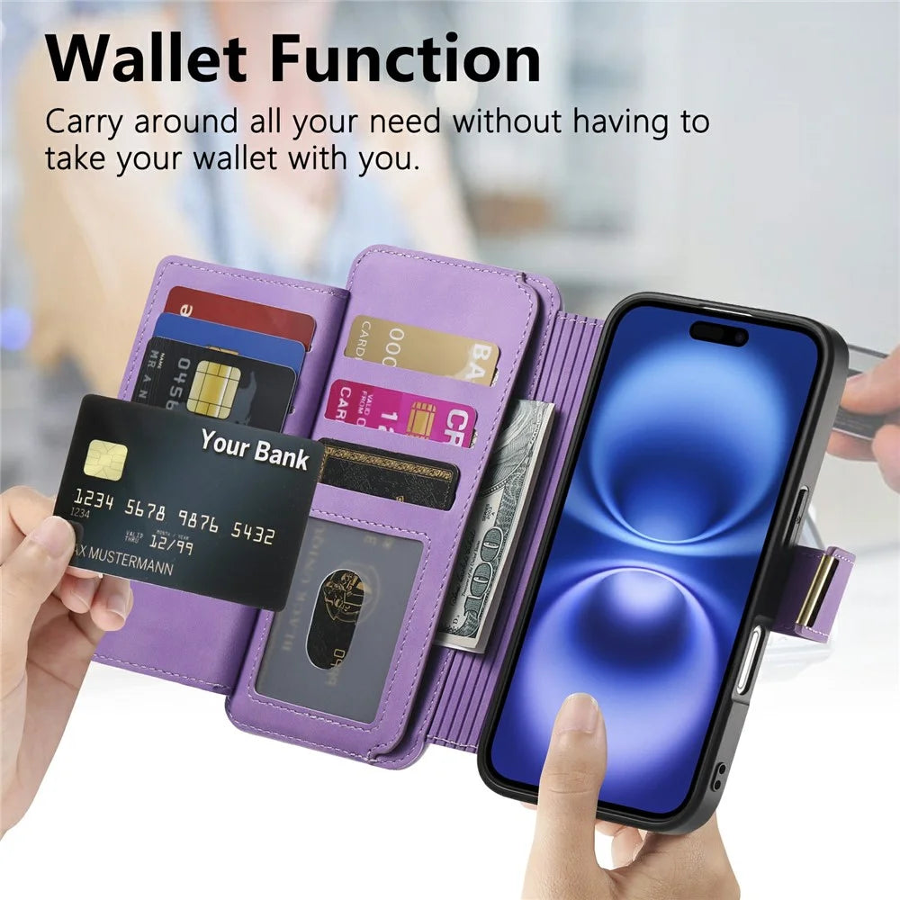 For iPhone 16 Plus Magnetic Leather Case with Detachable RFID Blocking Zipper Wallet Cover - Purple - 6
