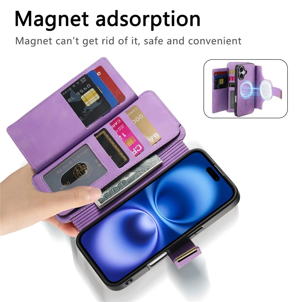 For iPhone 16 Plus Magnetic Leather Case with Detachable RFID Blocking Zipper Wallet Cover - Purple - 7