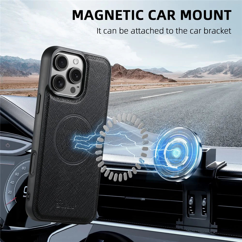 SUTENI H18 For iPhone 16 Pro Max Magnetic Case Cross Texture Leather+TPU Cover with Detachable Card Bag - Black - 6