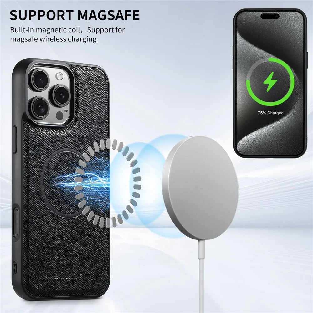 SUTENI H18 For iPhone 16 Pro Max Magnetic Case Cross Texture Leather+TPU Cover with Detachable Card Bag - Black - 7