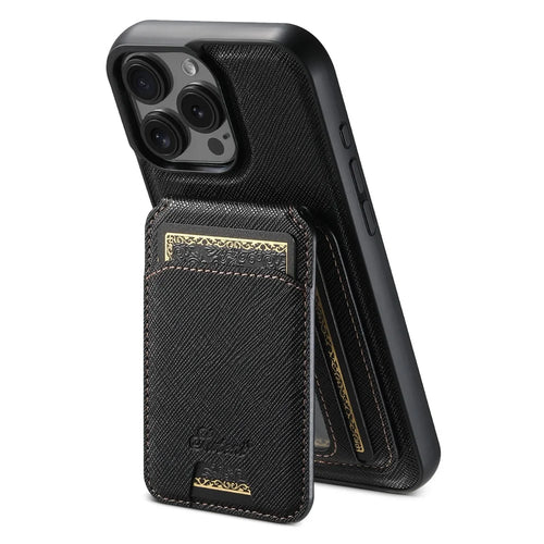 SUTENI H18 For iPhone 16 Pro Magnetic Case Cross Texture Leather+TPU Cover with Detachable Card Bag - Black - 1
