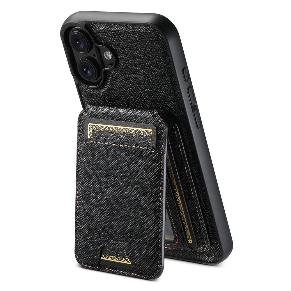 SUTENI H18 For iPhone 16 Magnetic Case Cross Texture Leather+TPU Cover with Detachable Card Bag - Black - 1