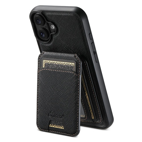 SUTENI H18 For iPhone 16 Magnetic Case Cross Texture Leather+TPU Cover with Detachable Card Bag - Black - 1