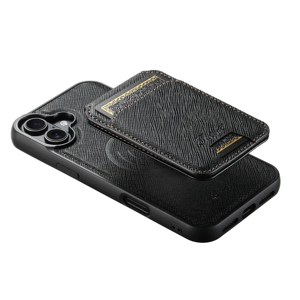 SUTENI H18 For iPhone 16 Magnetic Case Cross Texture Leather+TPU Cover with Detachable Card Bag - Black - 5
