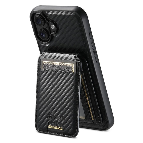 SUTENI H18 For iPhone 16 Magnetic Case Carbon Fiber Texture Leather+TPU Cover with Detachable Card Bag - 1