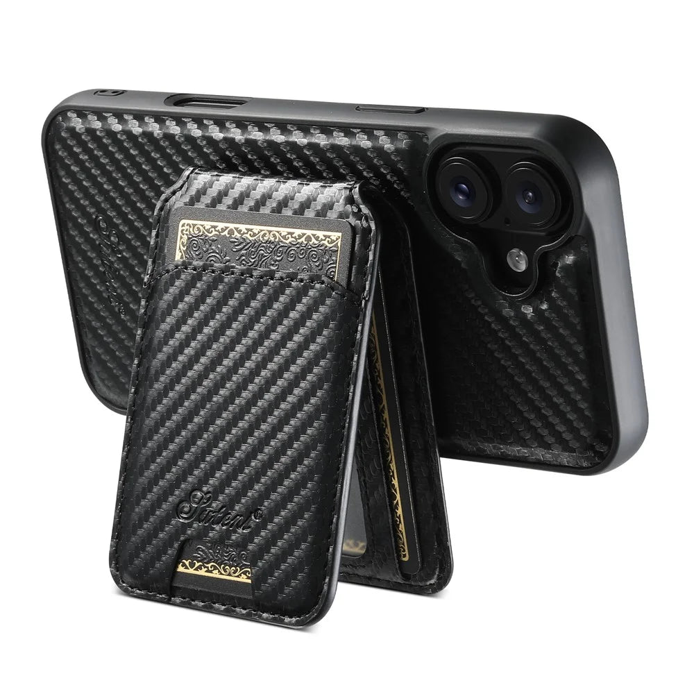 SUTENI H18 For iPhone 16 Magnetic Case Carbon Fiber Texture Leather+TPU Cover with Detachable Card Bag - 2