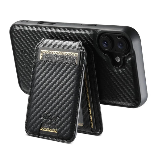 SUTENI H18 For iPhone 16 Magnetic Case Carbon Fiber Texture Leather+TPU Cover with Detachable Card Bag - 2