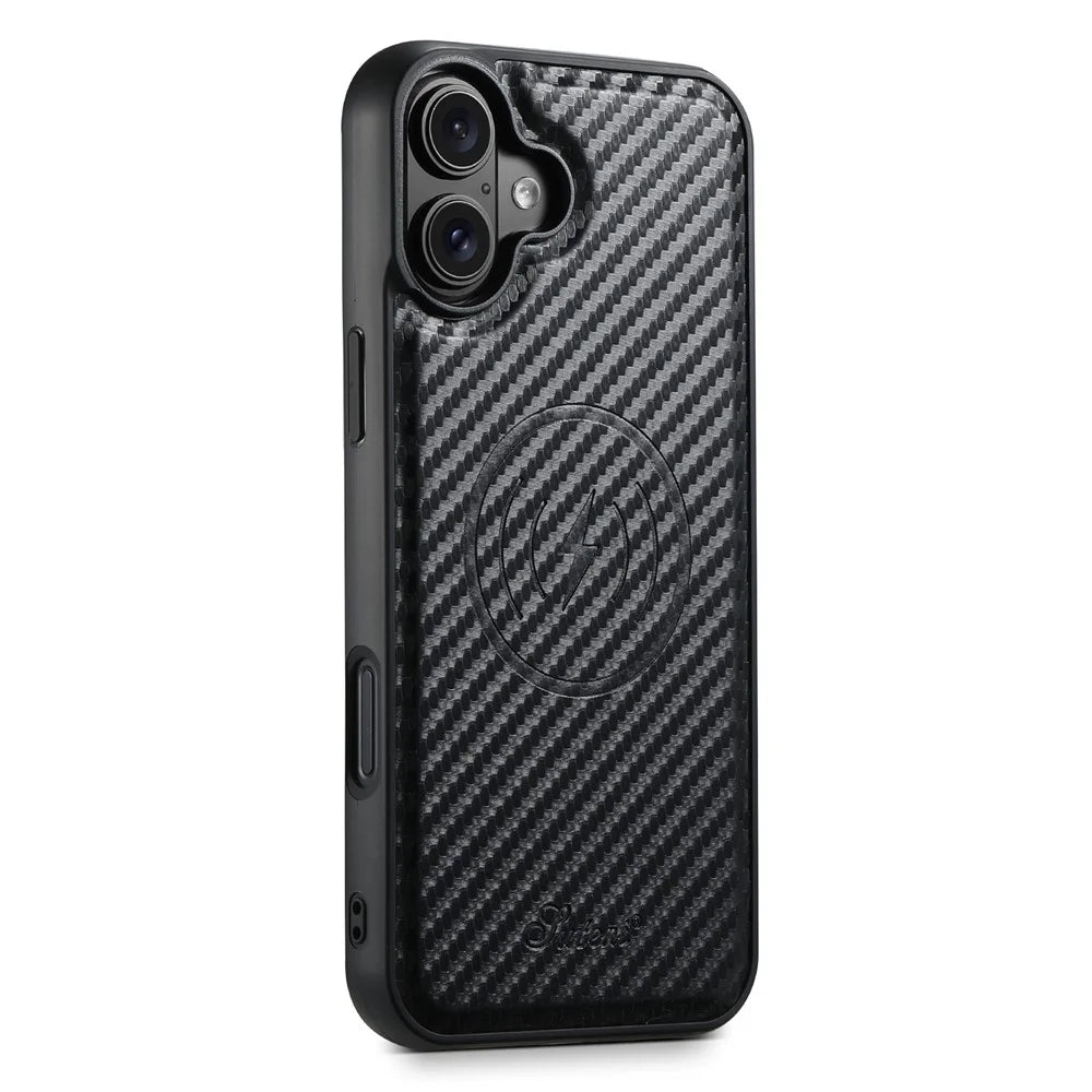 SUTENI H18 For iPhone 16 Magnetic Case Carbon Fiber Texture Leather+TPU Cover with Detachable Card Bag - 3