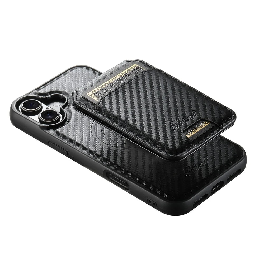 SUTENI H18 For iPhone 16 Magnetic Case Carbon Fiber Texture Leather+TPU Cover with Detachable Card Bag - 4