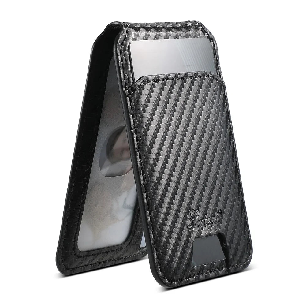 SUTENI H18 For iPhone 16 Magnetic Case Carbon Fiber Texture Leather+TPU Cover with Detachable Card Bag - 5