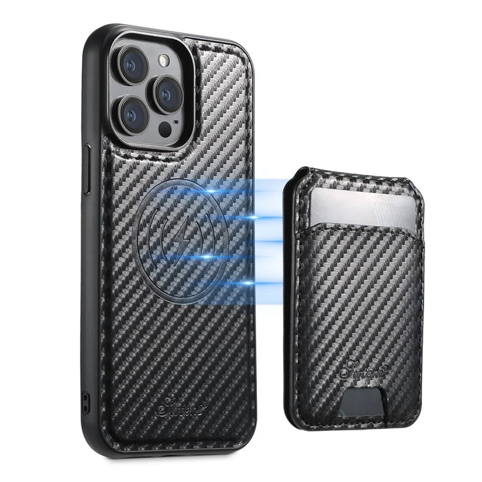 SUTENI H18 For iPhone 16 Pro Magnetic Case Carbon Fiber Texture Leather+TPU Cover with Detachable Card Bag - 1