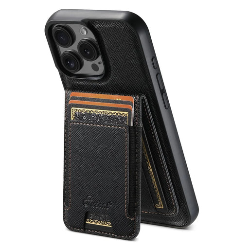 SUTENI H17 For iPhone 16 Pro Magnetic Case Cross Texture Leather Phone Back Cover with Detachable Card Bag - Black - 1