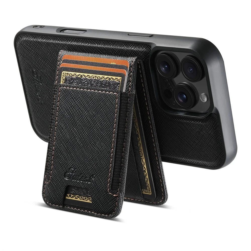 SUTENI H17 For iPhone 16 Pro Magnetic Case Cross Texture Leather Phone Back Cover with Detachable Card Bag - Black - 2